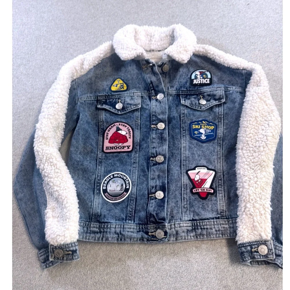 Justice Peanuts Snoopy Denim Jacket Kids‎ Size 7/8 Blue Sherpa Patches Kidcore